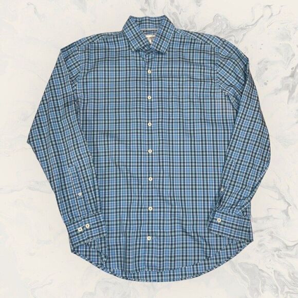 Peter Millar Cotton Silk Blue Plaid Long Sleeve Button Down Men’s Size Large - Picture 1 of 6
